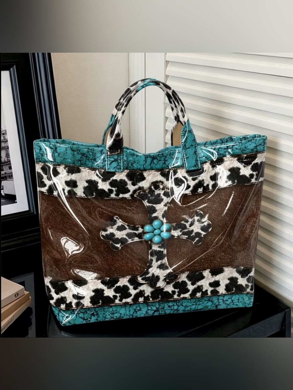 Beautiful Western Print Turquoise Brown PVC Large Daily Commute Tote